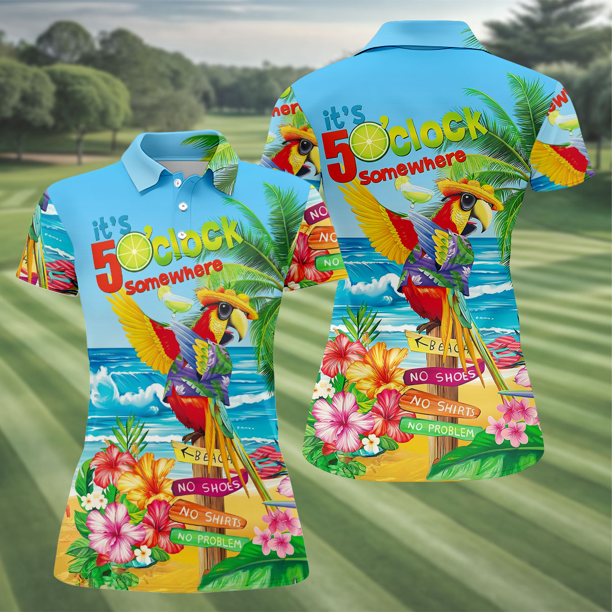 It's 5 O'Clock Somewhere Tropical Parrot Hawaiian Golf Shirt, Women's Golf Tops