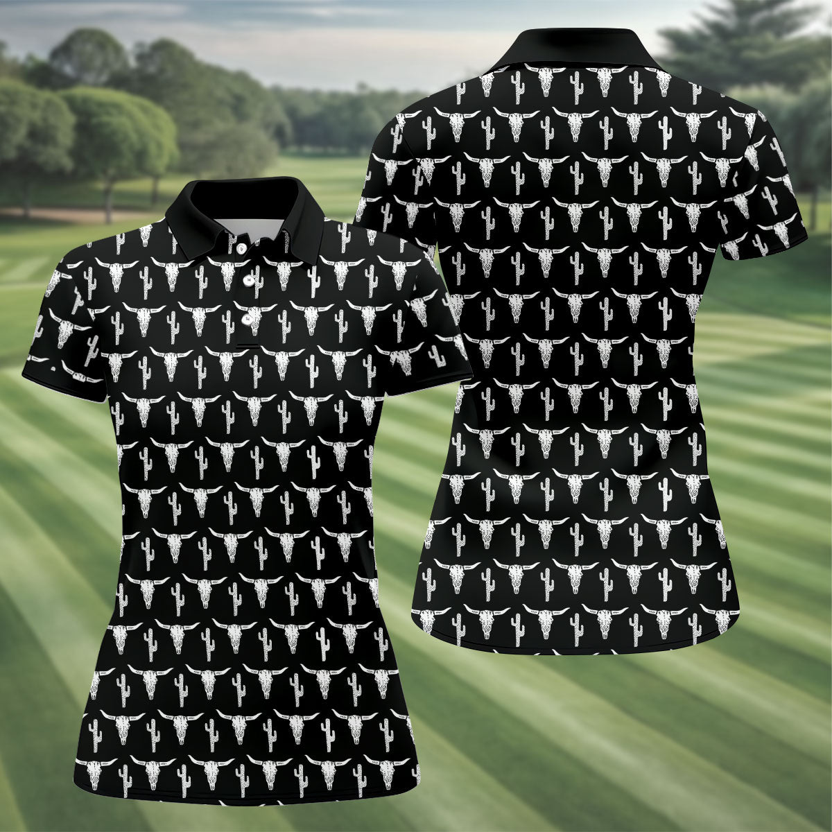 Longhorn Cow Skull Western Theme Black Women Golf Top, Ladies Golf Shirts, Golf Shirt For Women