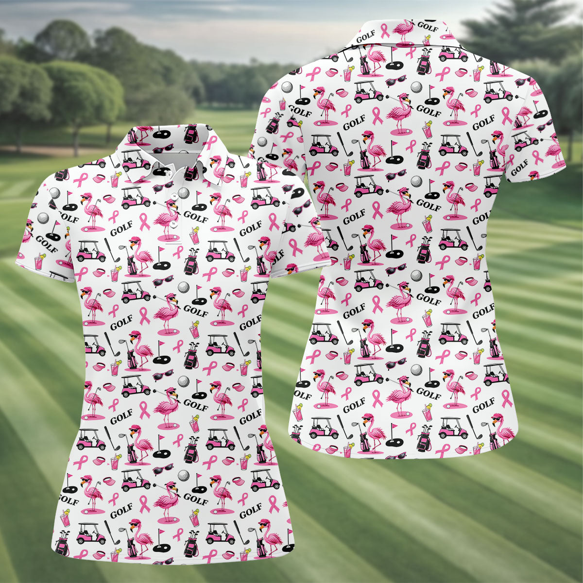 Pink Flamingo Golf Breast Cancer Polo Shirt, Golf Tops For Women, Ladies Golf Shirts