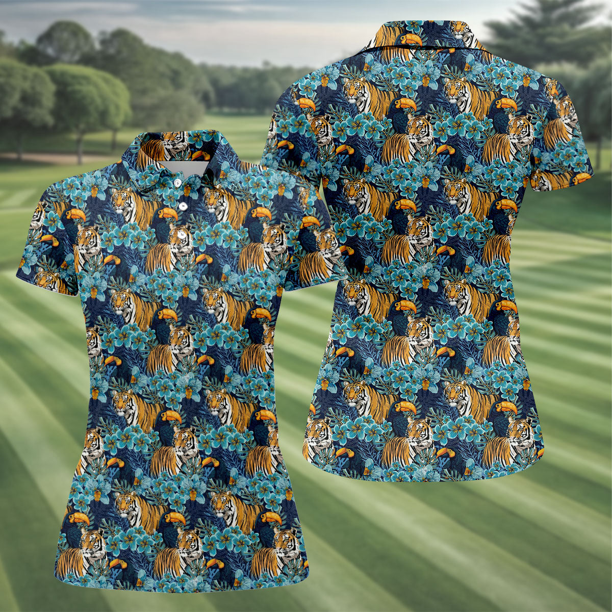 Tiger And Toucan Tropical Foliage Hawaiian Golf Shirt, Golf Shirt For Women, Golfing Apparel