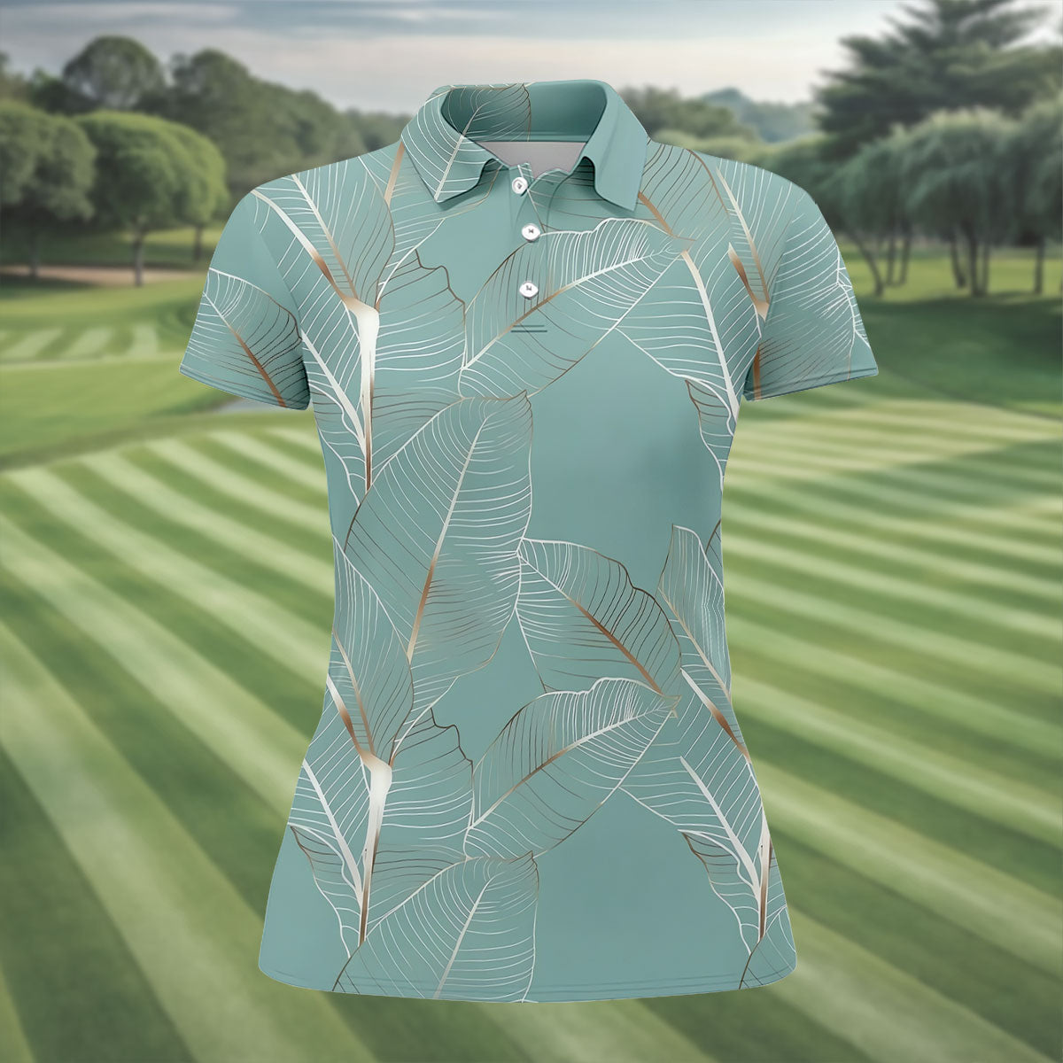 Tropical Leaves Blue Grey Golf Shirt, Summer Hawaiian Golf Shirt, Golf Shirt For Women
