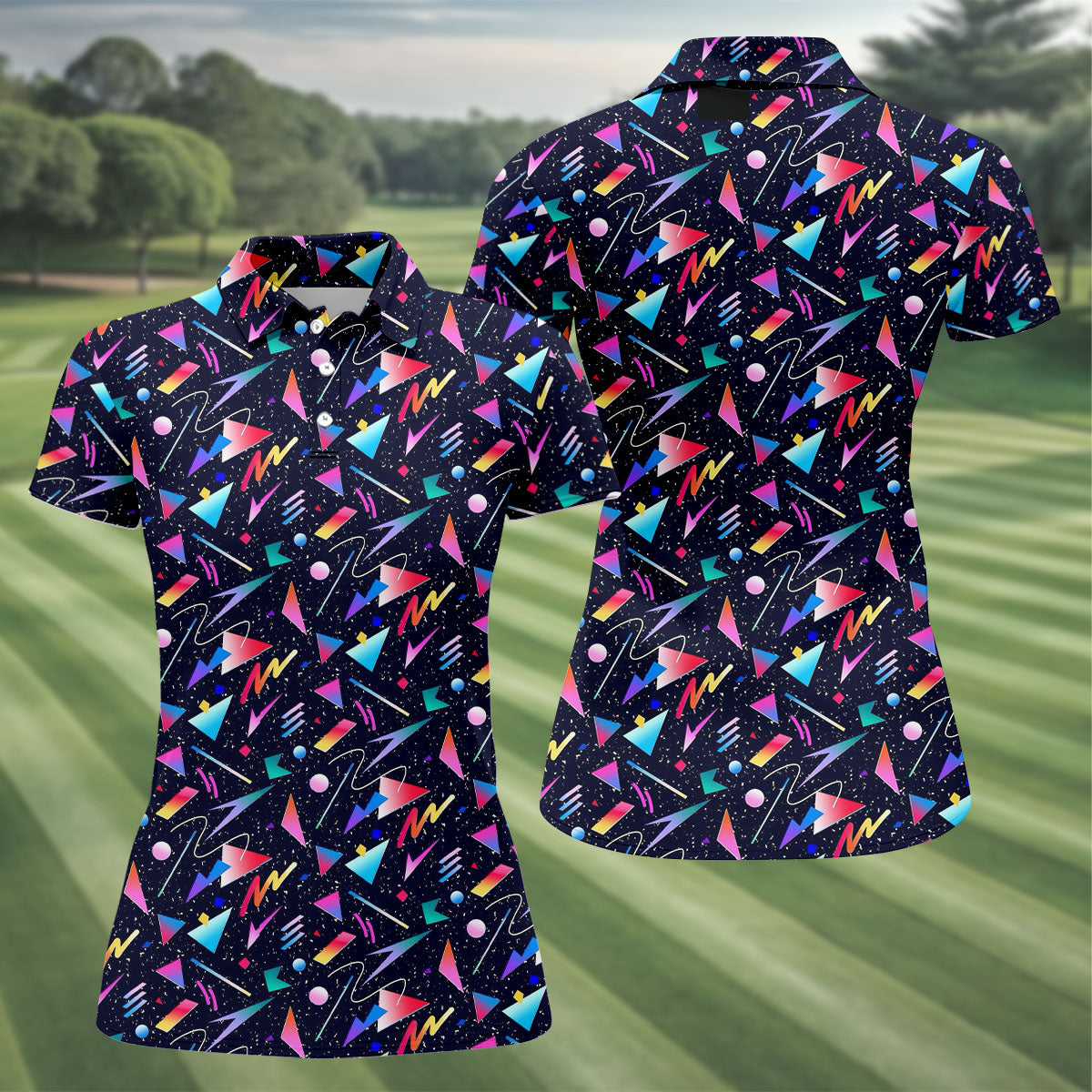 Retro Memphis Geometric Pattern Golf Polo Shirt, Women's Golf Tops, Golf Polo For Women