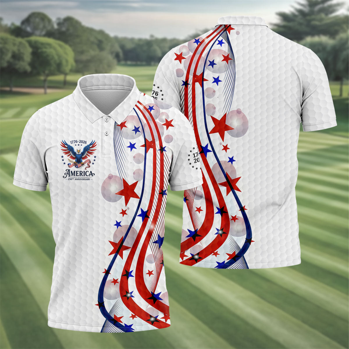 Red White Blue Wavy Stripes Bald Eagle Logo Patriotic 4th Of July Golf Shirt, 250 Years Golf Shirts For Men