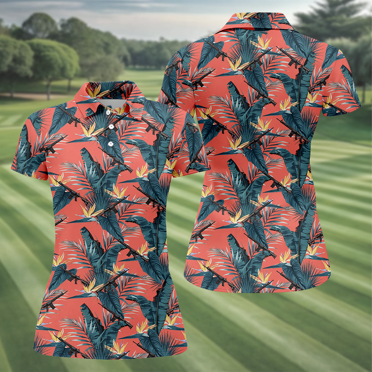 Tropical Palm Leaf And Rifle Pattern Coral Golf Polo, Women’s Golf Apparel, Performance Golf Shirt