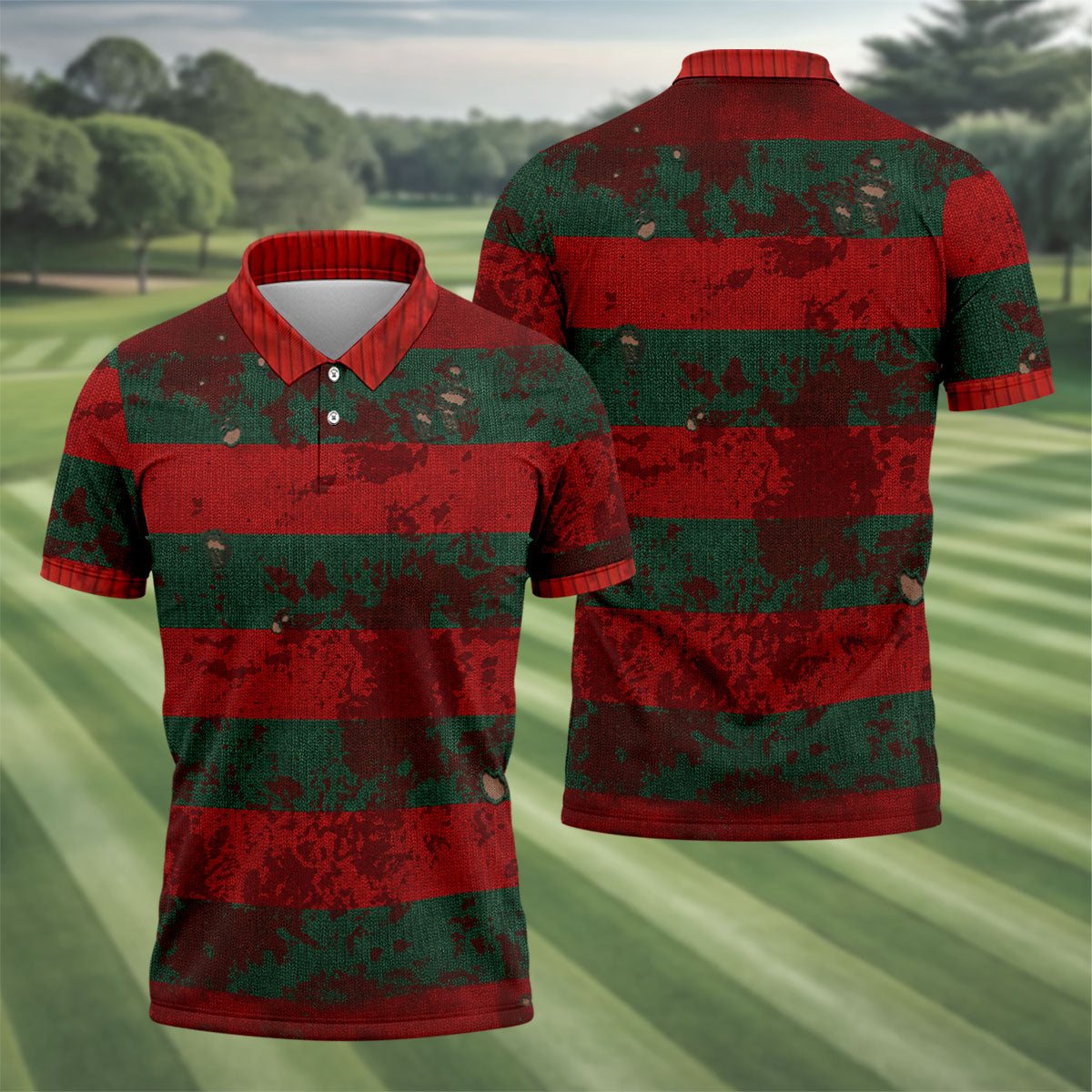 Distressed Red Green Horror Knit Golf Polo Shirt, Men's Golf Shirt, Hawaiian Golf Shirt