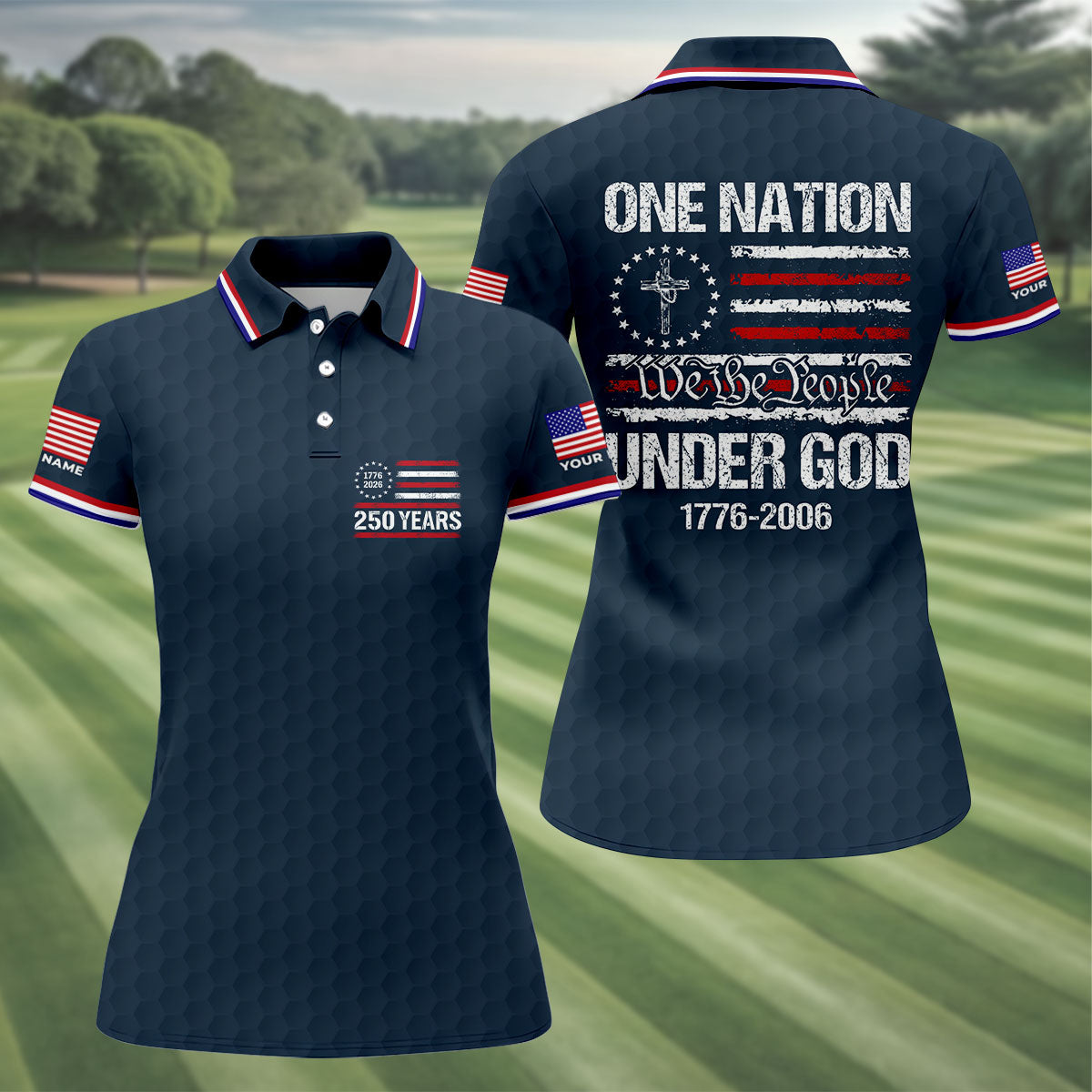 One Nation Under God We The People Navy Golf Shirt, 250 Years 4th Of July Golf Shirt For Women