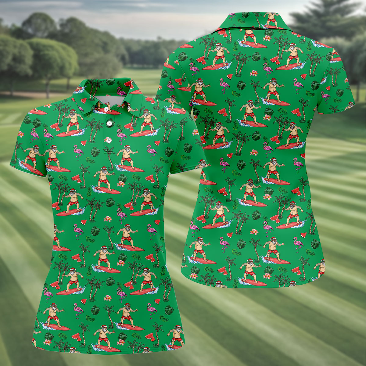 Surfing Santa Tropical Beach Golf Polo Shirt, Christmas Golf Shirt, Women’s Golf Apparel, Golf Polo For Women