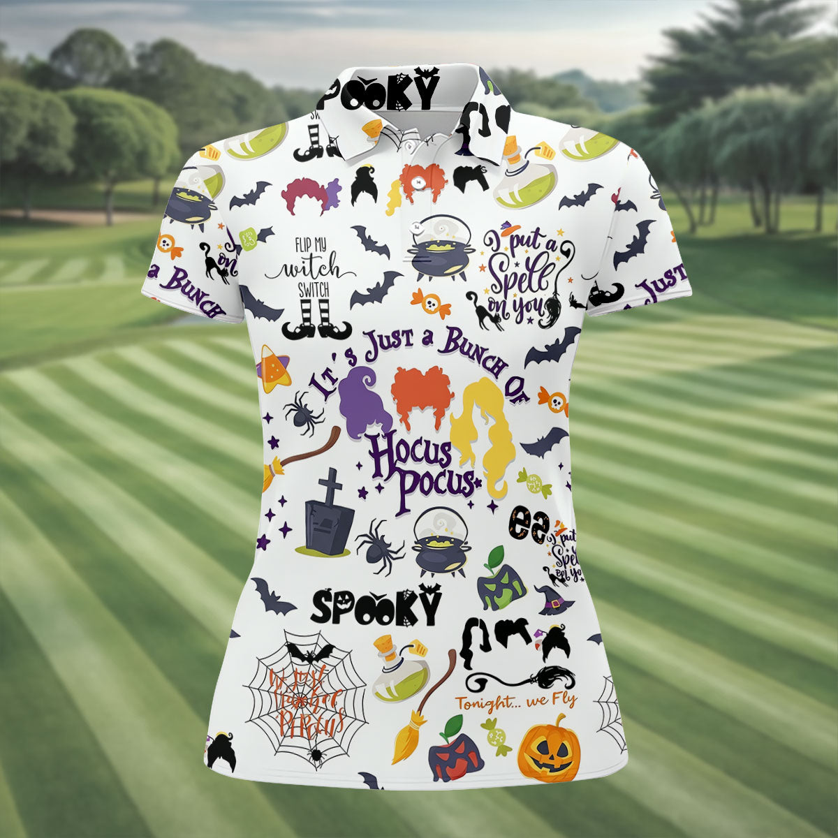 Halloween Witch Pattern Golf Polo Shirt, Golf Polo For Women, Womens Golf Apparel