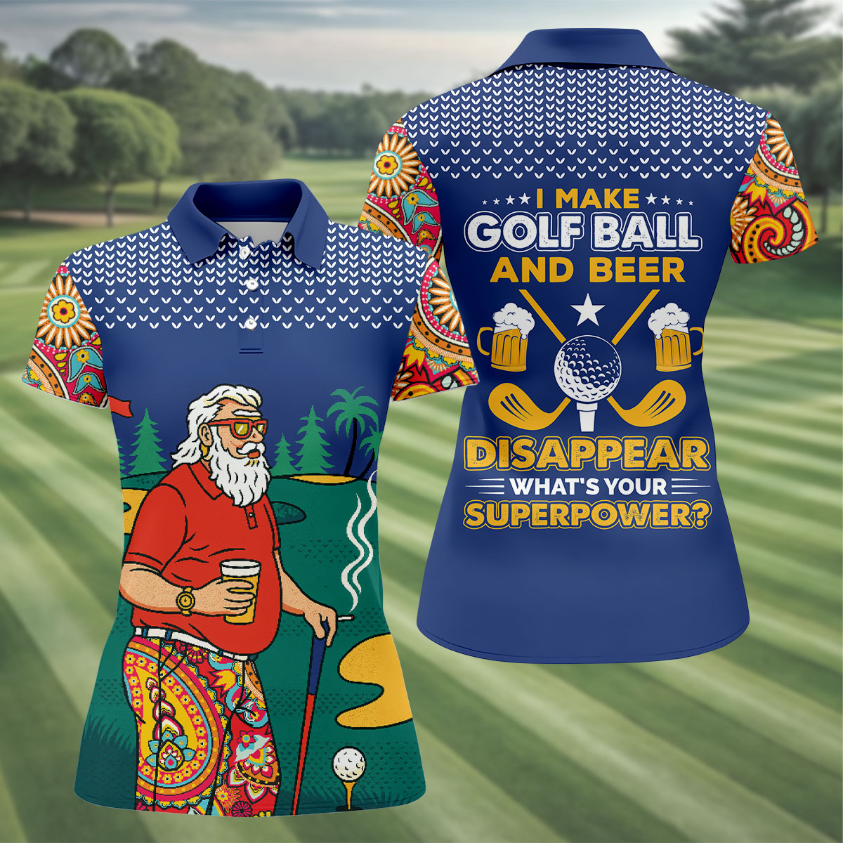 Funny Bearded Golfer Beer Lover Paisley Sleeve Golf Polo, Ladies Golf Shirts, Women’s Golf Apparel