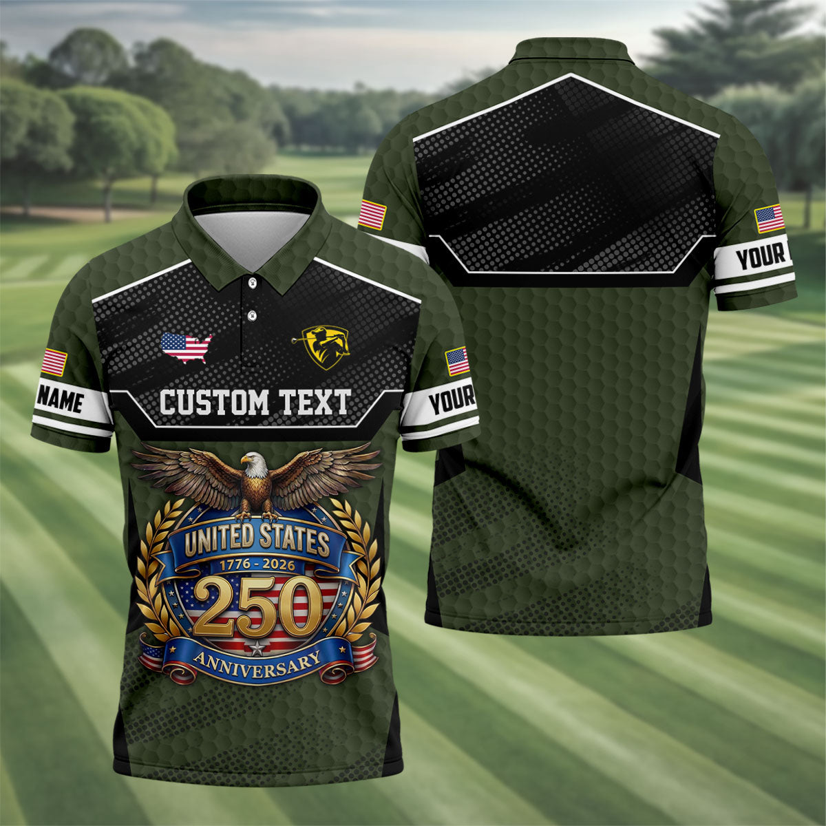 US 250 Anniversary Patriotic 4th Of July Green Golf Shirt, Polo Shirts For Men, Golf Shirts For Men