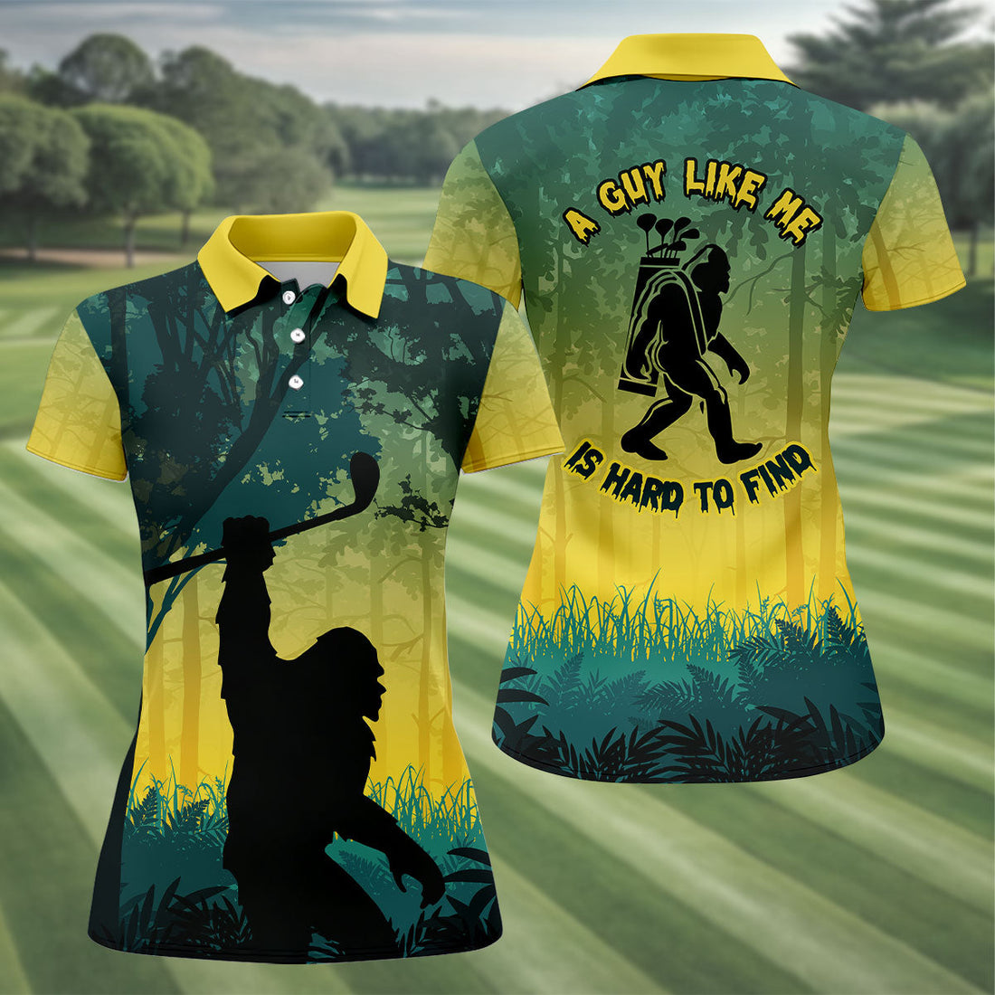 Bigfoot Golfer Forest Silhouette Polo Shirt, Women’s Golf Polo, Women’s Golf Apparel