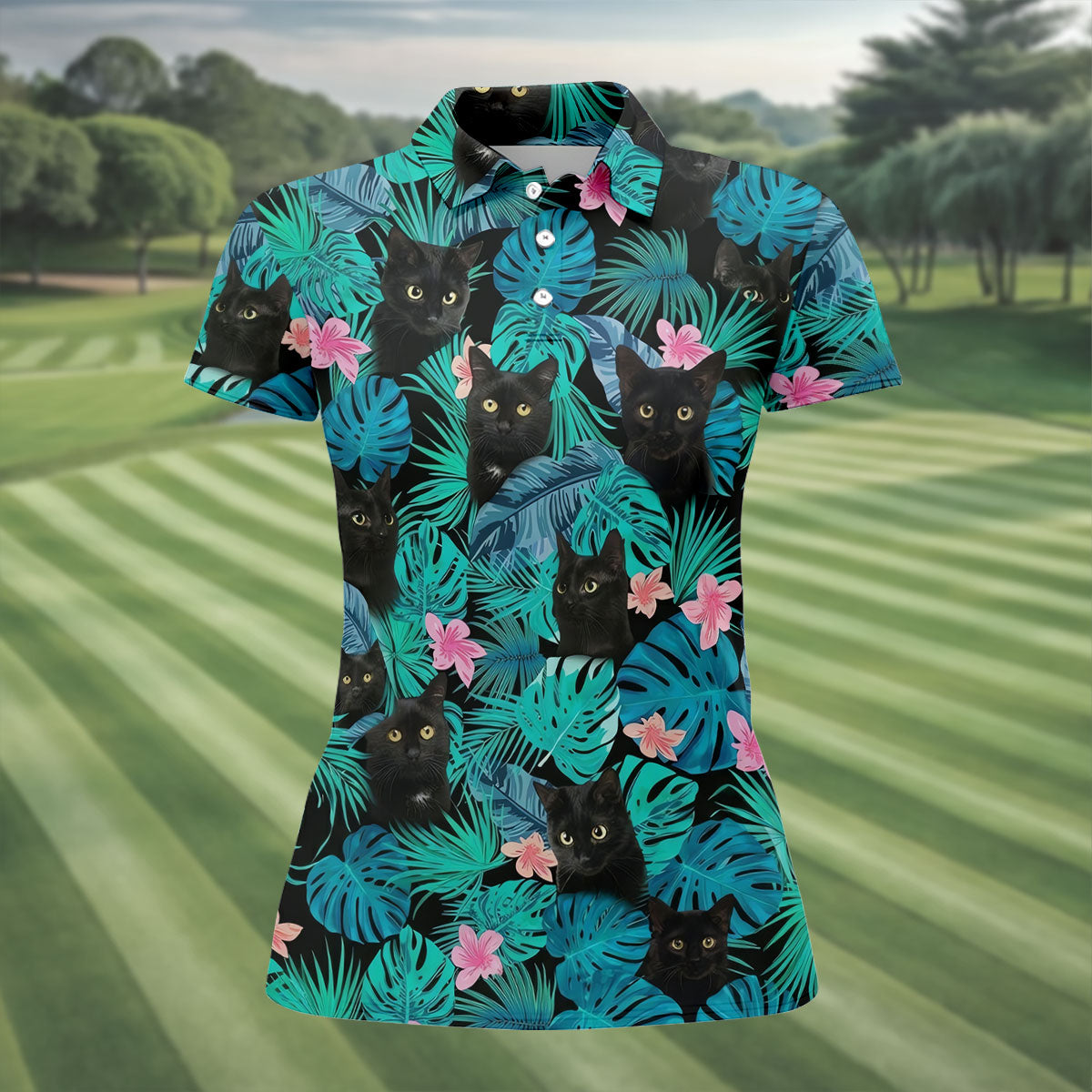 Black Cat Tropical Monstera Hawaiian Golf Polo Shirt, Golf Shirts For Women, Women's Golf Apparel