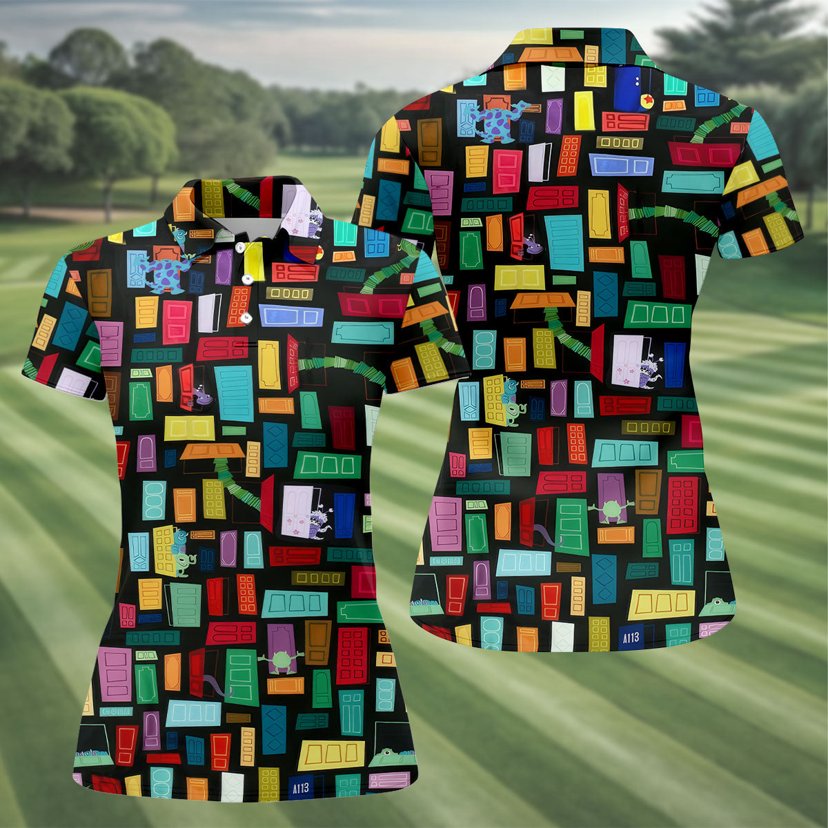 Monster Door Golf Shirt, Colorful Animated Monster World Pattern, Golf Shirt For Women