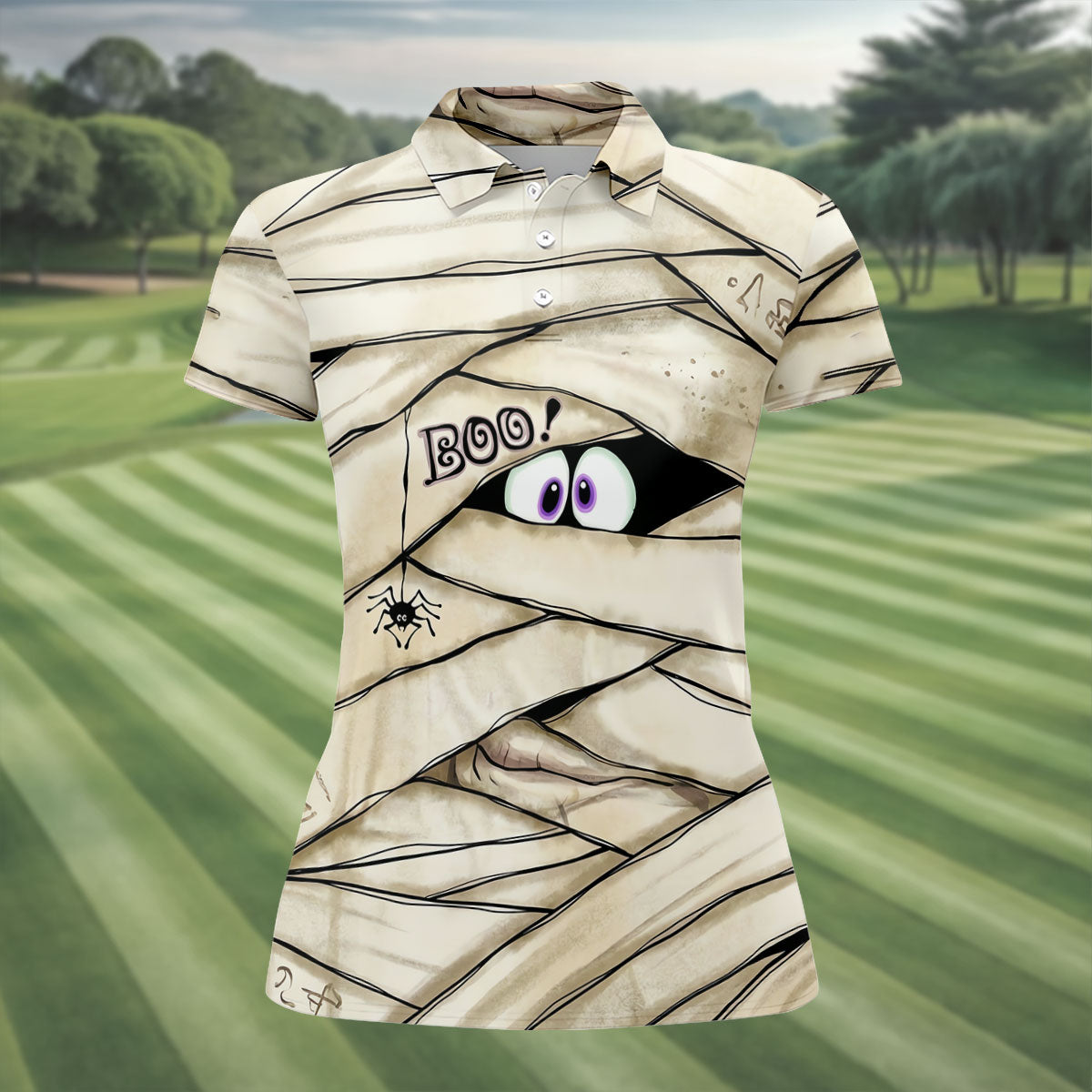 Cute Mummy Peeking Eyes BOO Halloween Golf Polo Shirt, Womens Golf Polo, Ladies Golf Shirts
