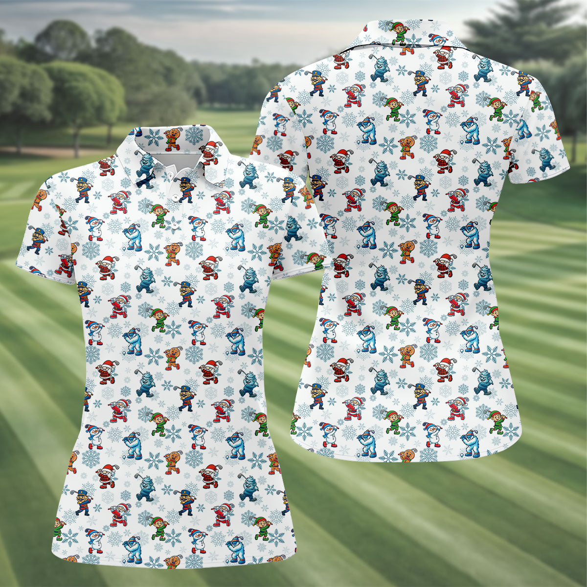 Funny Christmas Characters Golf Pose Fun Women's Golf Shirts, Christmas Golf Shirt, Ladies Golf Shirts