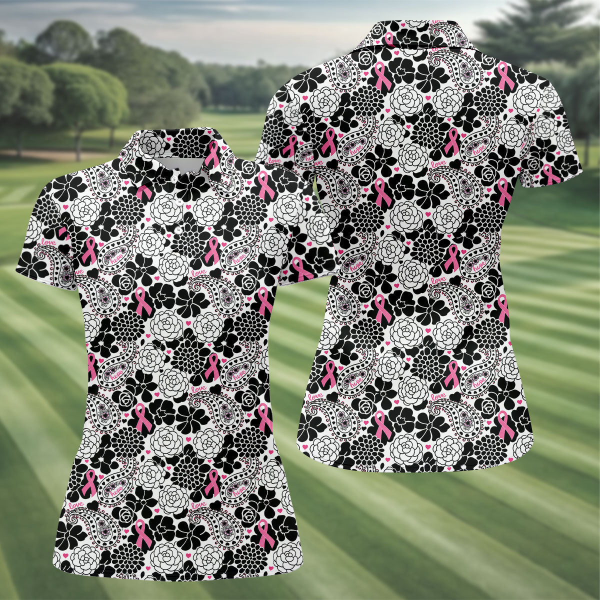 Pink Ribbon Floral Paisley Breast Cancer Golf Shirt, Women’s Golf Tops, Ladies Golf Shirts