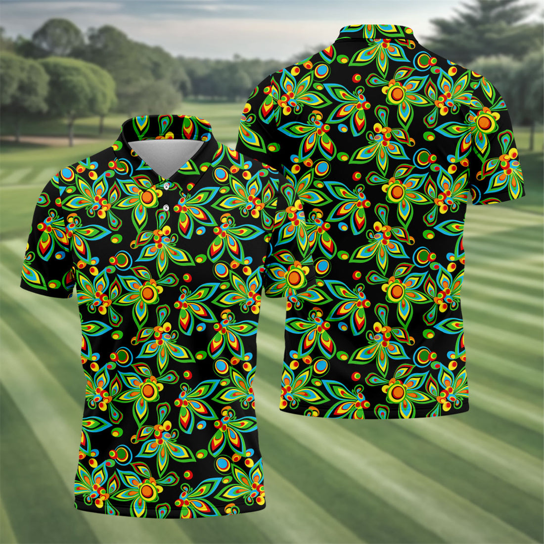 Black Colorful Floral Geometric Pattern Golf Shirt, Men's Golf Shirt, Golf Apparel For Men, Polo Shirts For Men