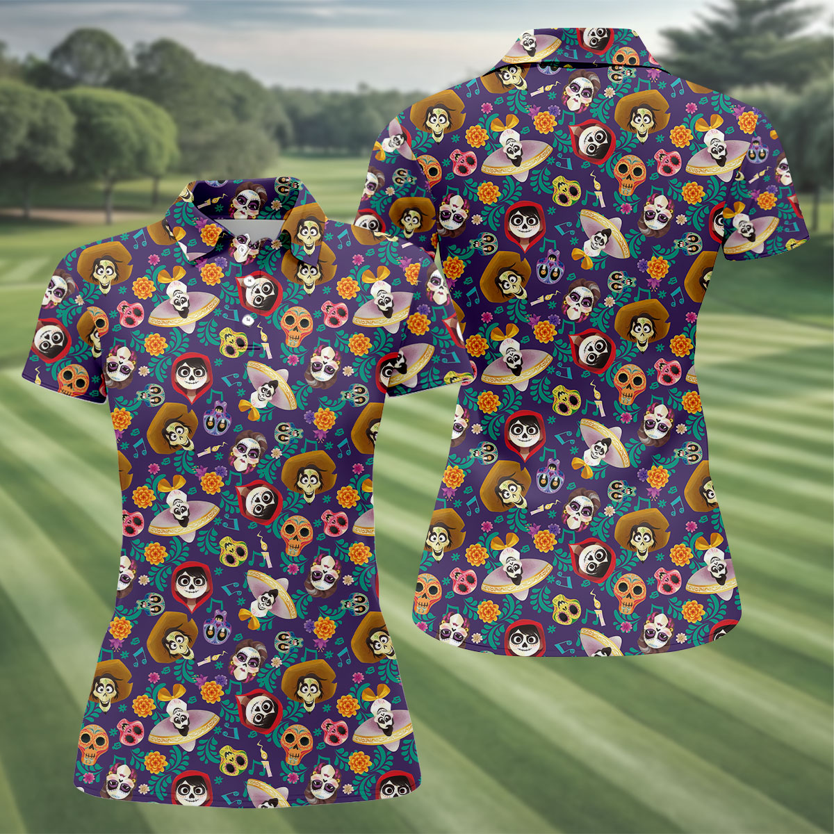 Day Of The Dead Sugar Skull Halloween Golf Polo Shirt, Golf Tops For Women, Ladies Golf Top
