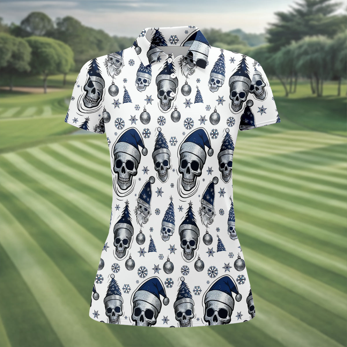 Vintage Skull Christmas Golf Shirt, White Polo Women, Cool Golf Gift, Ladies Golf Shirts, Golfing Apparel