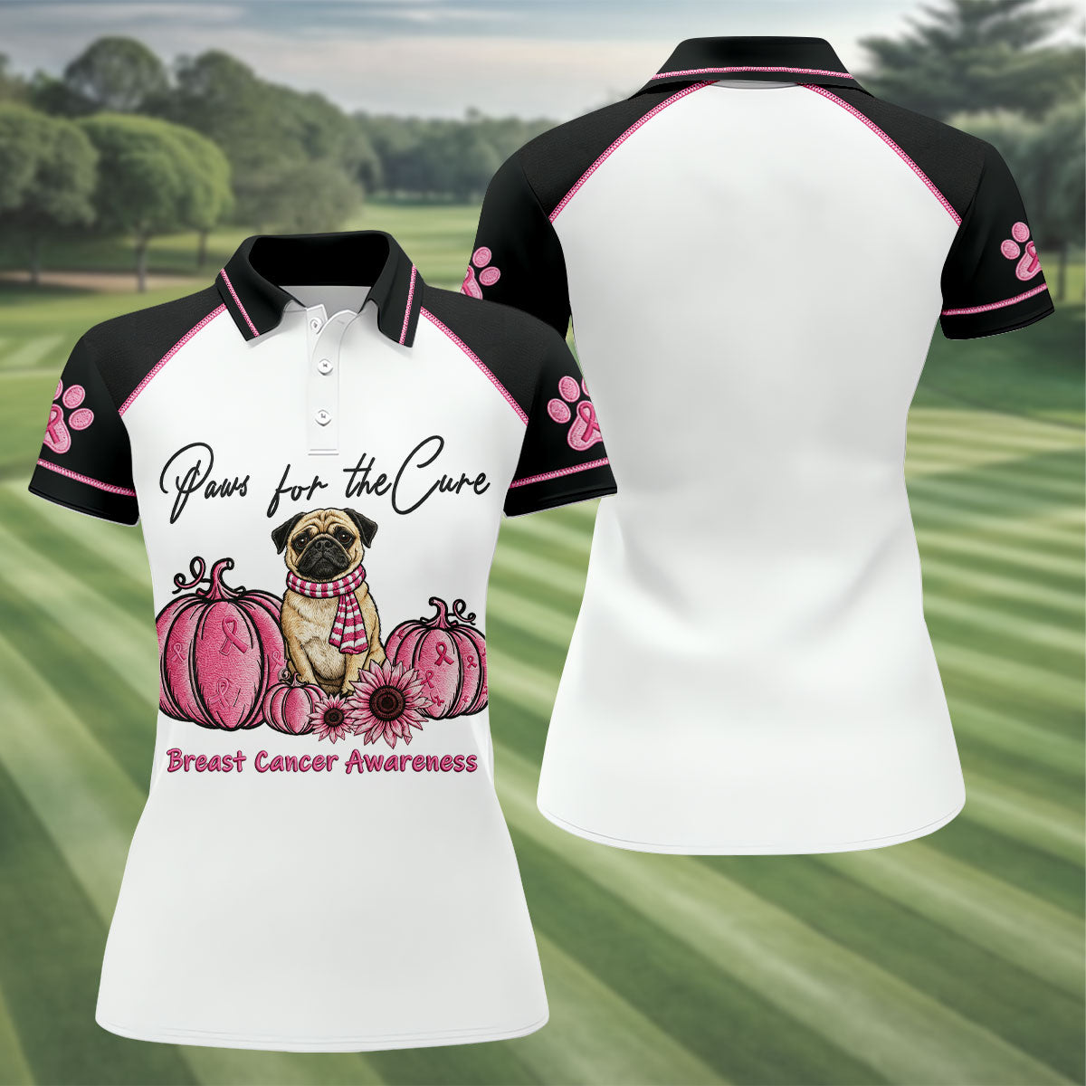 Paws For The Cure Pug Breast Cancer Polo Shirt, Ladies Golf Shirt, Women's Golf Tops