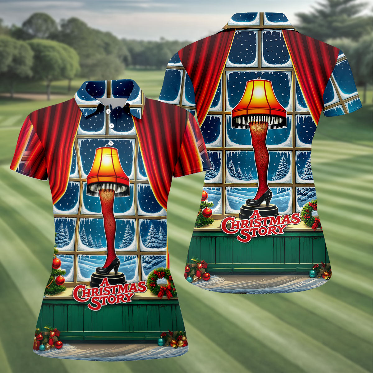 Funny Christmas Leg Lamp Window Golf Polo Shirt, Women’s Golf Polo, Golf Tops For Women