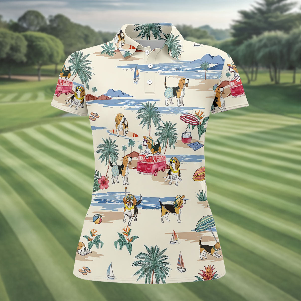 Cute Beagle Beach Vacation Tropical Golf Polo Shirt, Golf Shirts For Women, Women's Golf Apparel