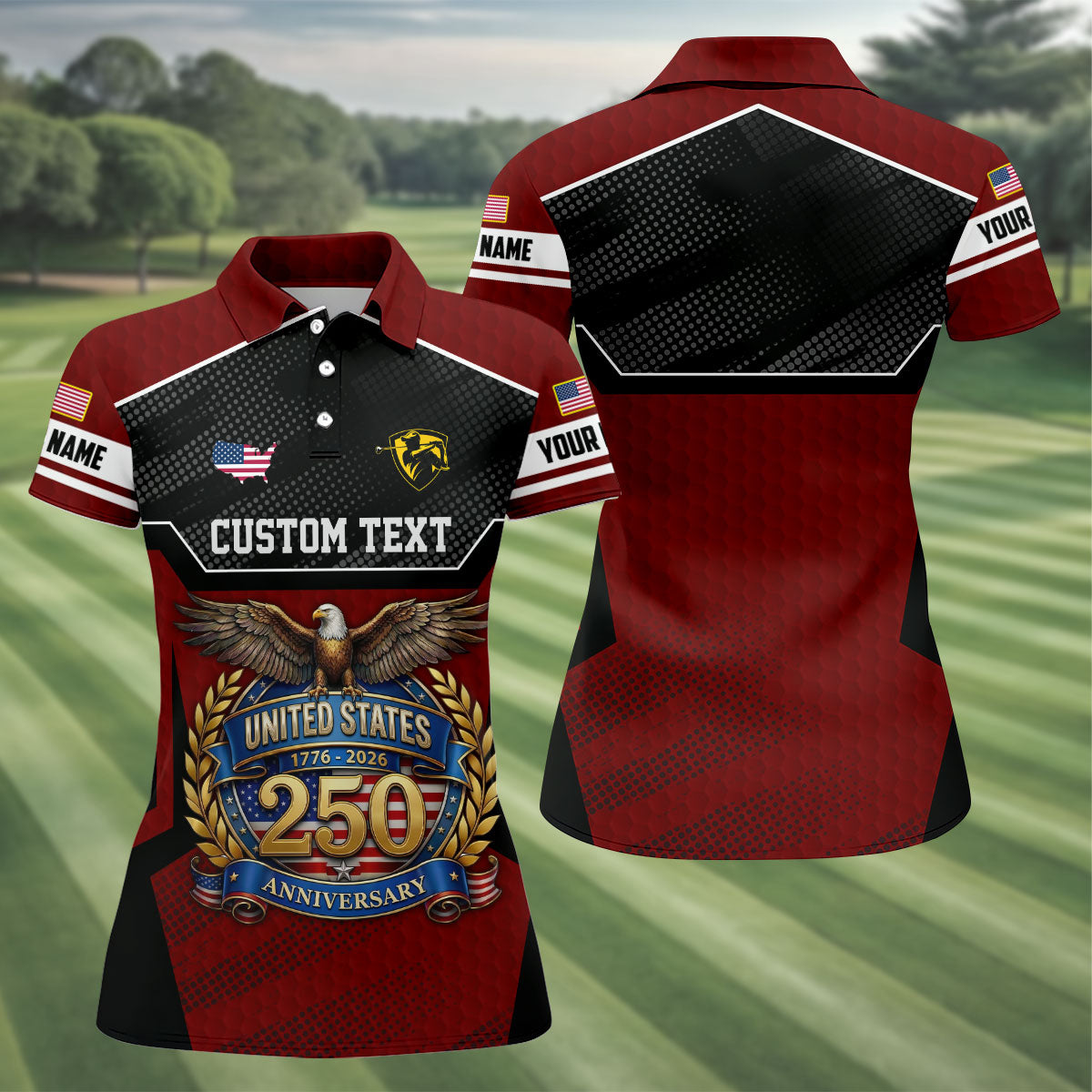 US 250 Anniversary Patriotic 4th Of July Red Golf Shirt, Ladies Golf Shirts, Golf Shirt For Women