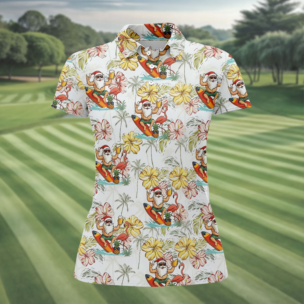 Surfing Santa Tropical Christmas Golf Polo Shirt, Golf Shirts For Women, Women's Golf Apparel