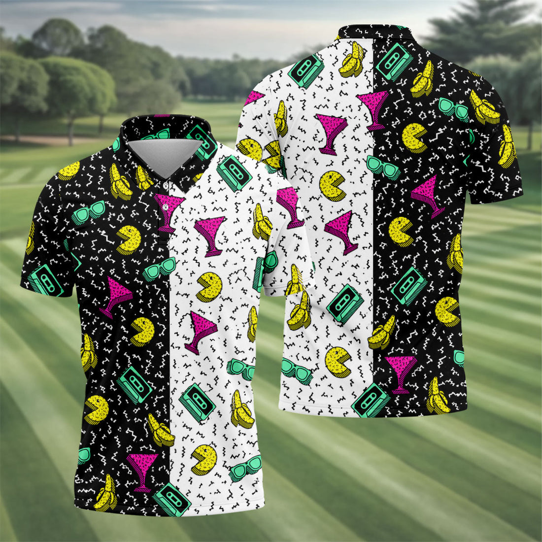 Retro Cassette Sunglasses Cocktail Banana Split Golf Shirt, Hawaiian Golf Shirt, Mens Golf Shirts, Golf Apparel For Men