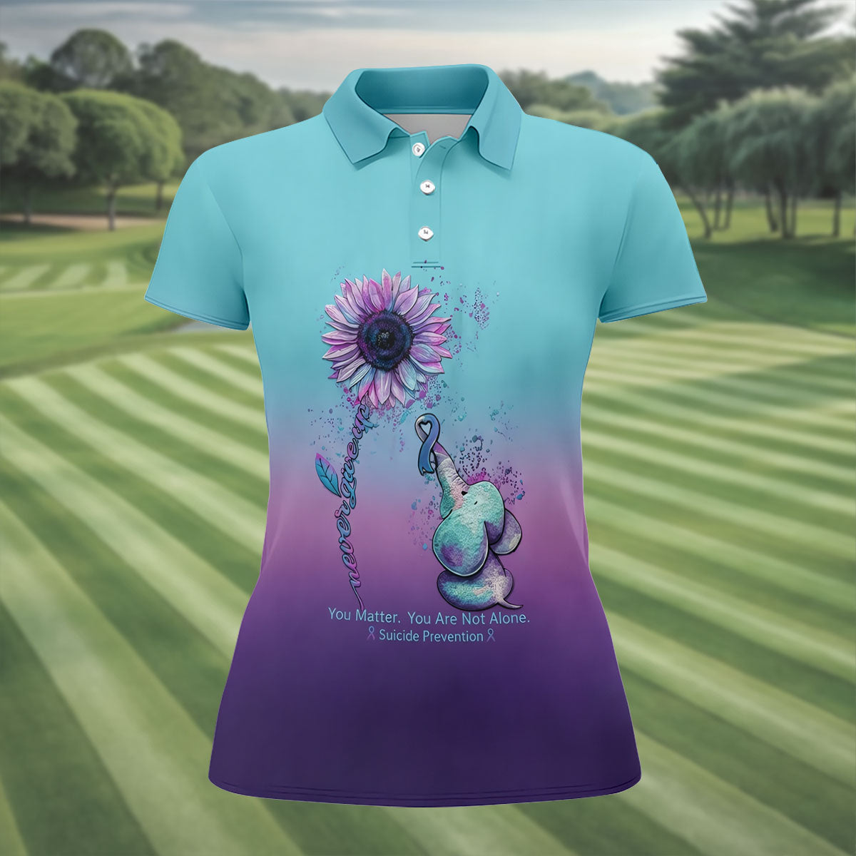 Never Give Up Elephant Sunflower Suicide Prevention Golf Shirts For Women, Ladies Golf Top