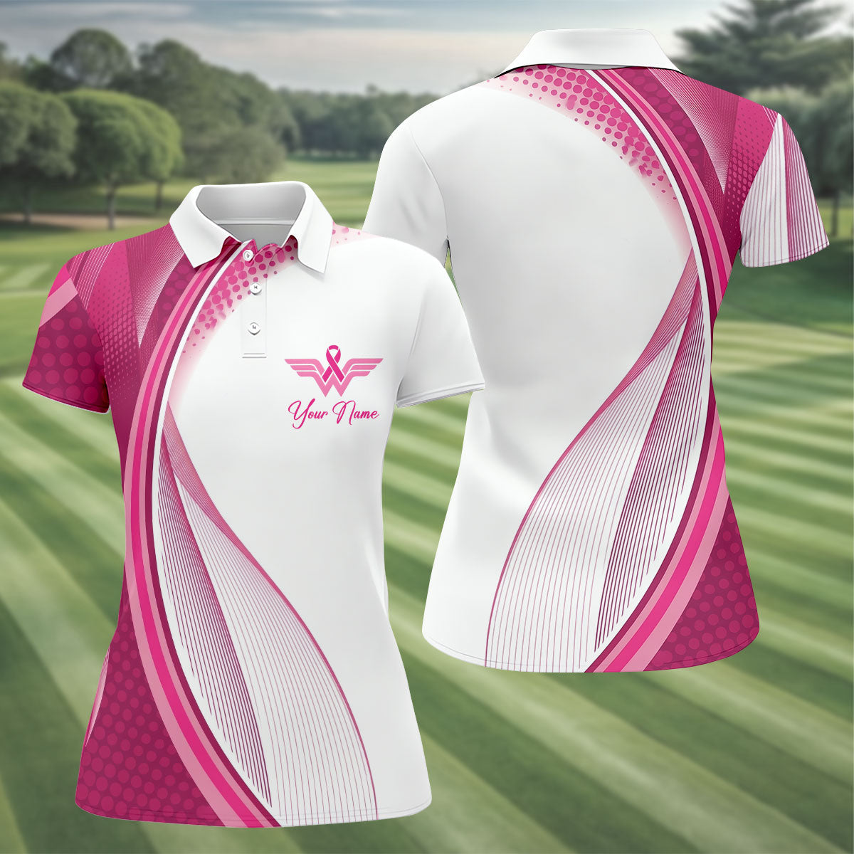 Custom Pink Ribbon Breast Cancer Golf Polo Shirt, Golf Tops For Women, Ladies Golf Shirt