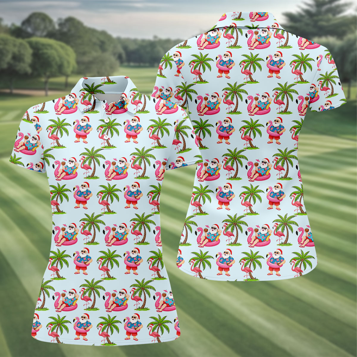 Flamingo Float Santa Christmas Golf Shirt, Women's Golf Tops, Hawaiian Golf Shirt, Golf Shirts For Women