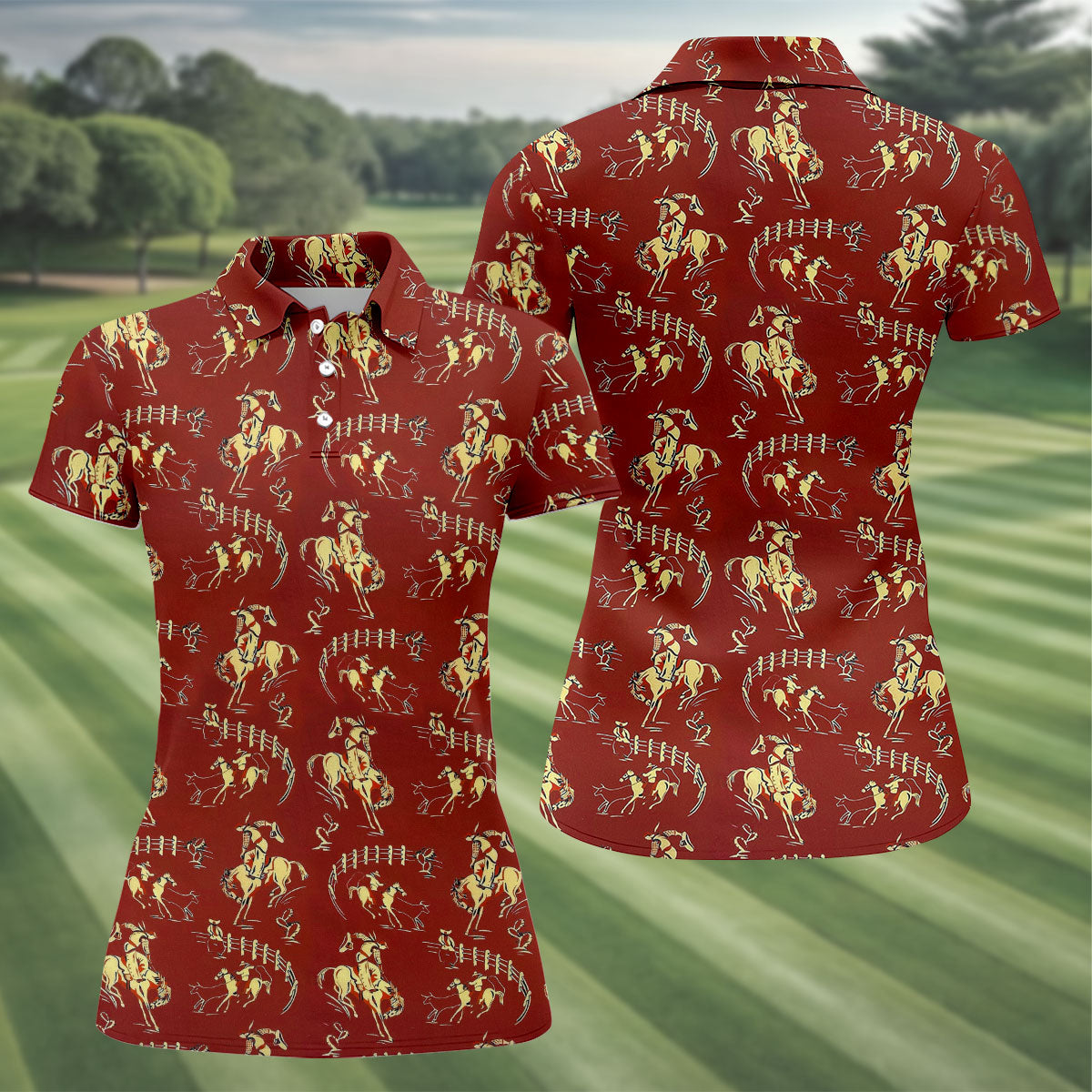 Vintage Rodeo Cowboy Pattern Golf Polo Shirt, Women's Golf Apparel, Ladies Golf Shirt