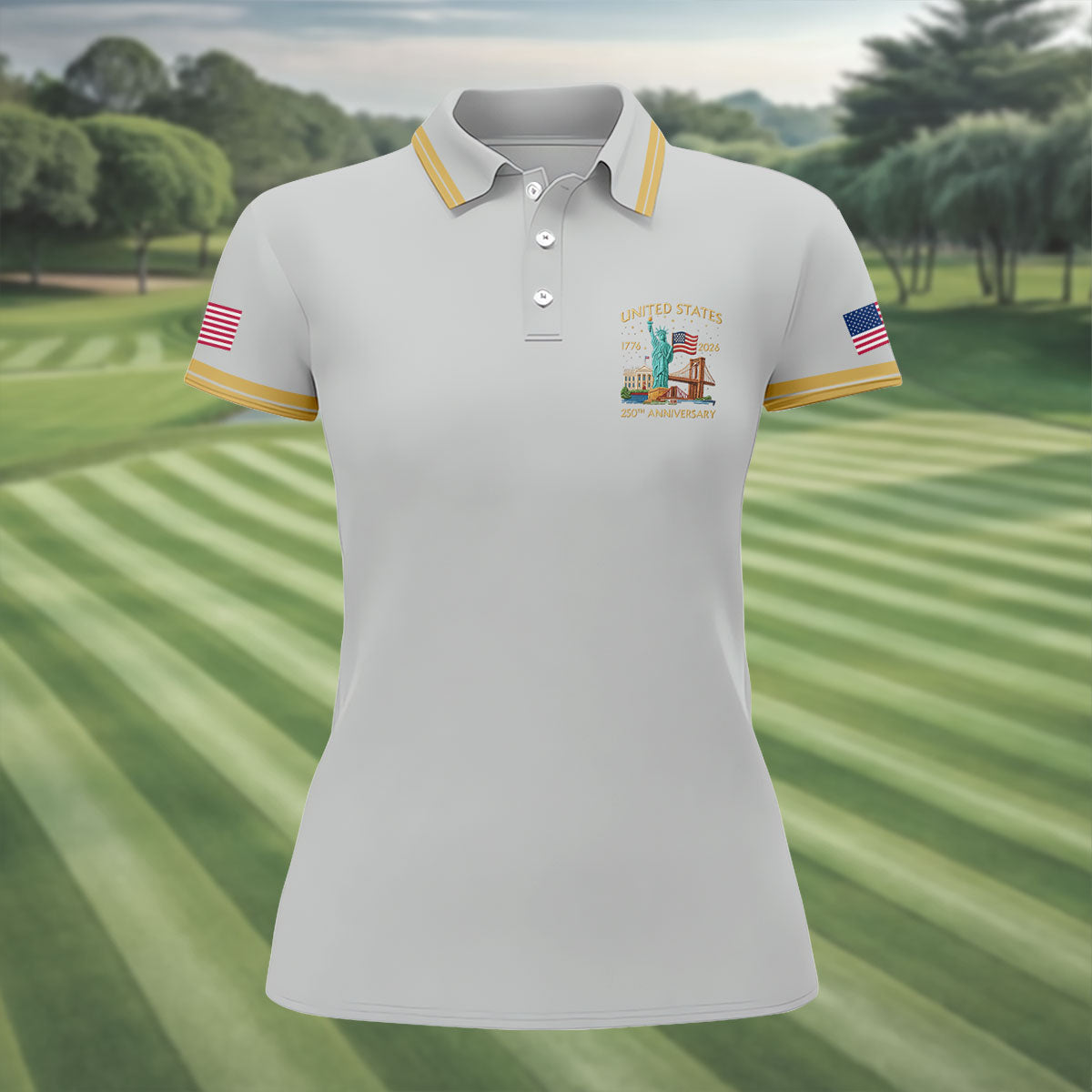 American Symbols Grey Patriotic Golf Shirt, US 250 Years 4th Of July Golf Shirt For Women