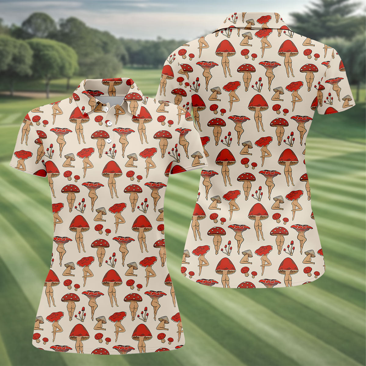 Vintage Mushroom Pin Up Pattern Hawaiian Golf Shirt, Ladies Golf Shirt, Women’s Golf Apparel