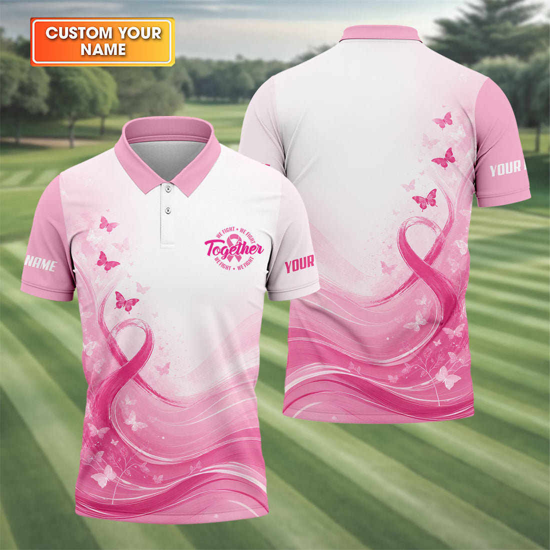 Custom Together We Fight Butterfly Breast Cancer Polo Shirt, Mens Golf Polo, Printed Golf Shirts