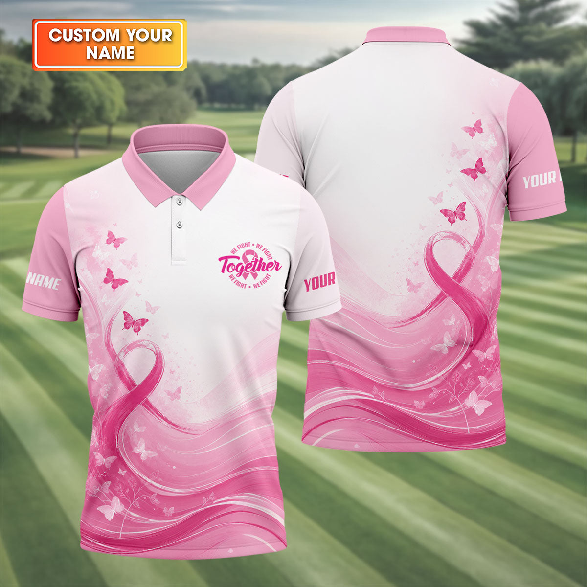 Custom Together We Fight Butterfly Breast Cancer Polo Shirt, Mens Golf Polo, Printed Golf Shirts