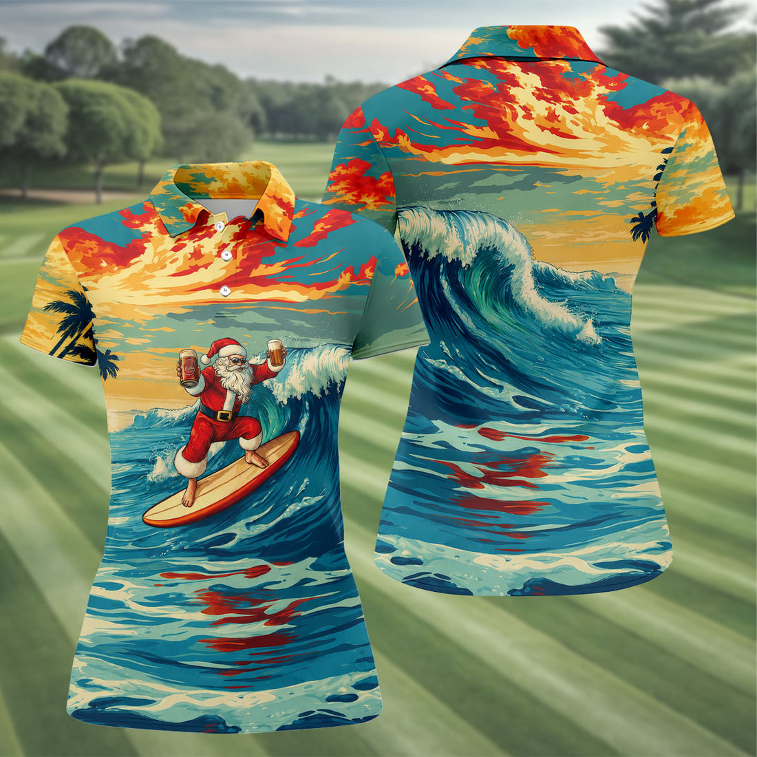 Tropical Surfing Santa Sunset Christmas Golf Shirt, Women's Golf Tops, Hawaiian Golf Shirt