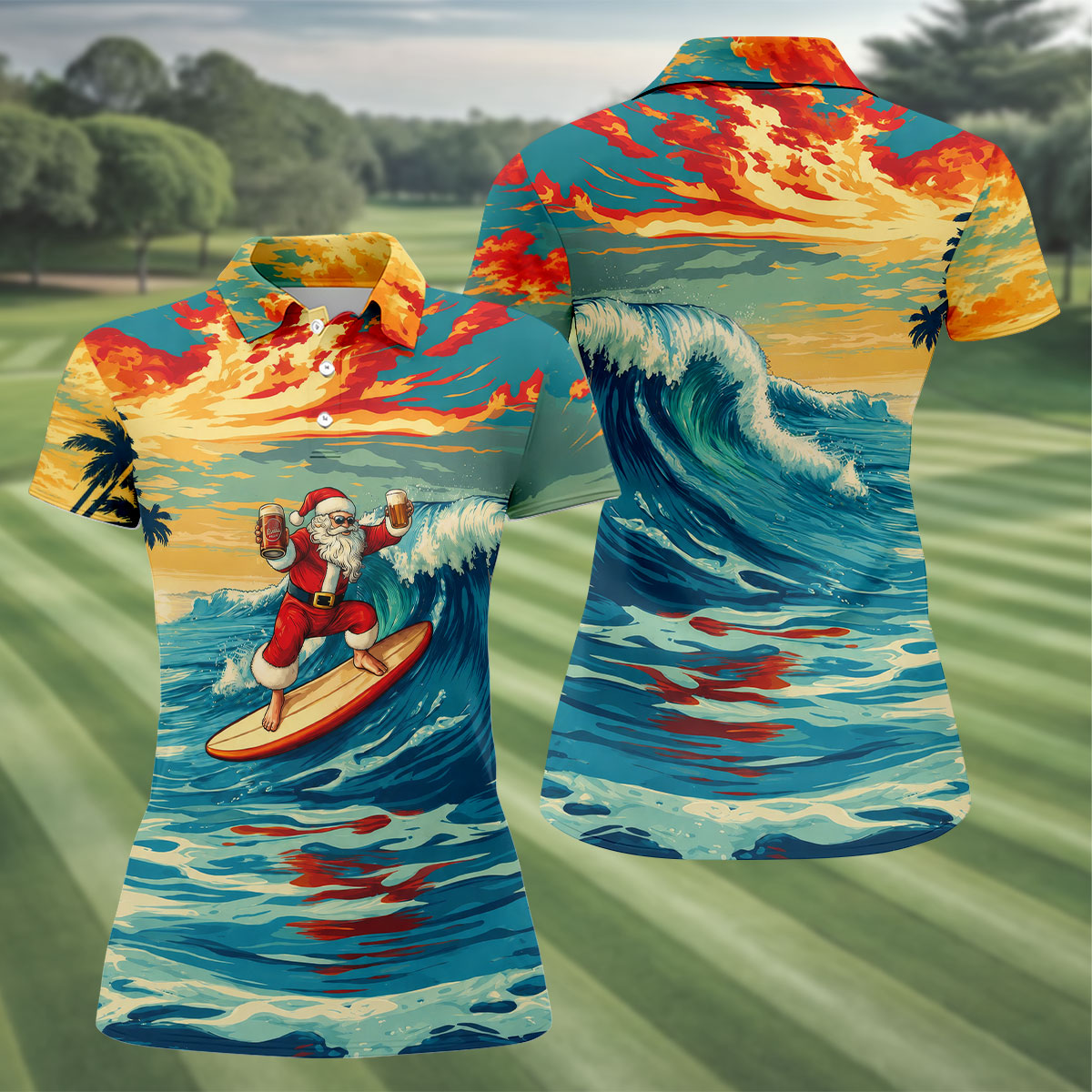 Tropical Surfing Santa Sunset Christmas Golf Shirt, Women's Golf Tops, Hawaiian Golf Shirt