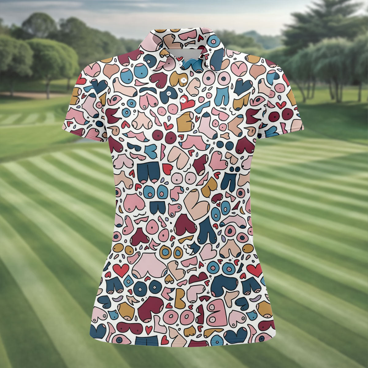 Funny Adult Body Parts Doodle Print Women's Golf Tops, Golf Shirts For Women, Printed Golf Shirt