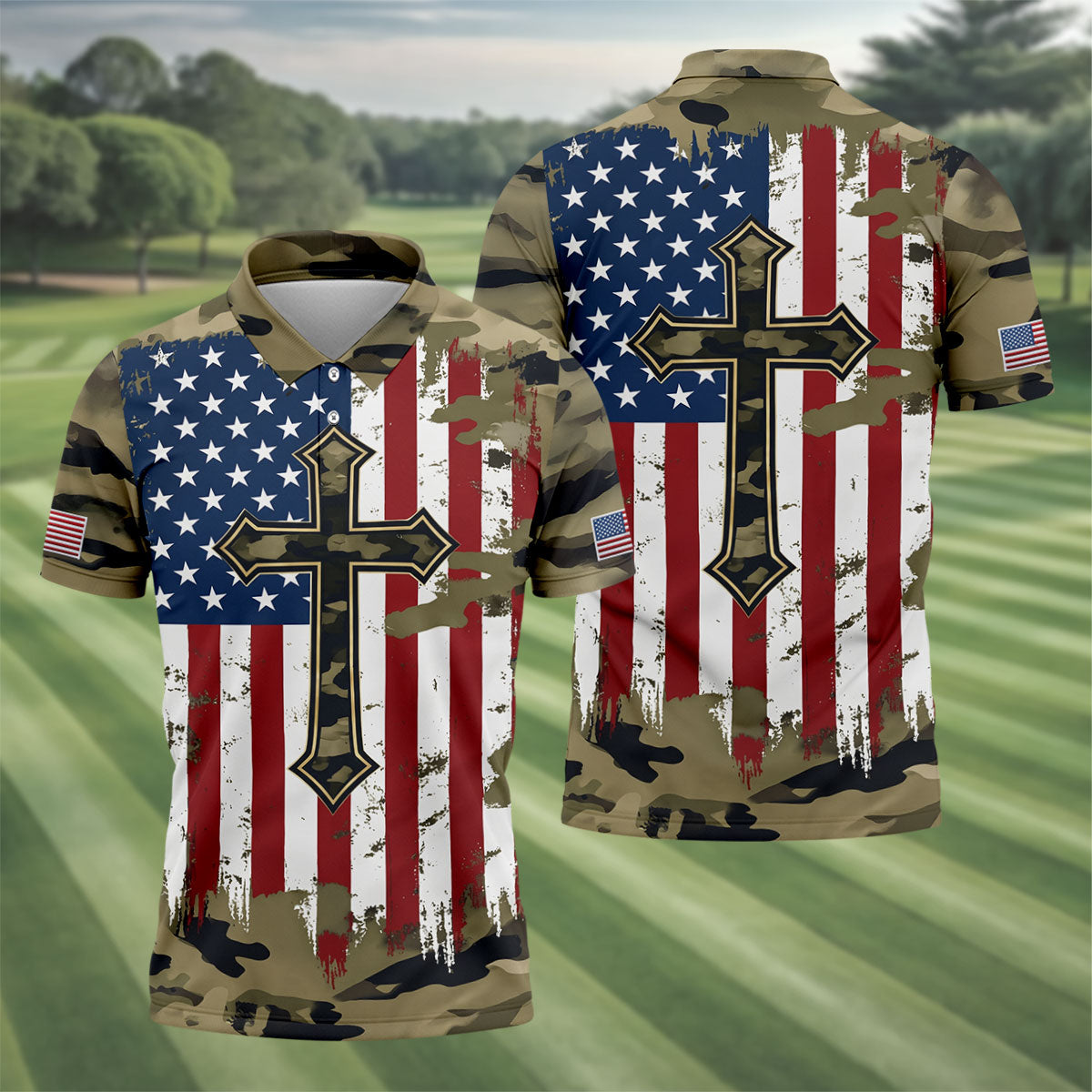 Faith Cross Green Camouflage US 250th Anniversary Golf Shirt, Patriotic Golf Shirt, Golf Shirts For Men