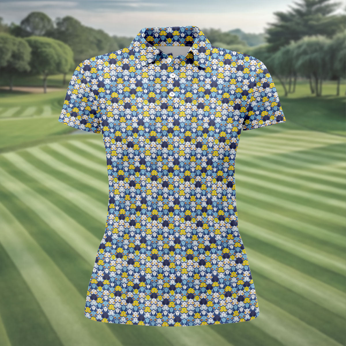 Funny Beer Pretzel Cleavage Pattern Golf Polo Shirt, Womens Golf Tops, Ladies Golf Top