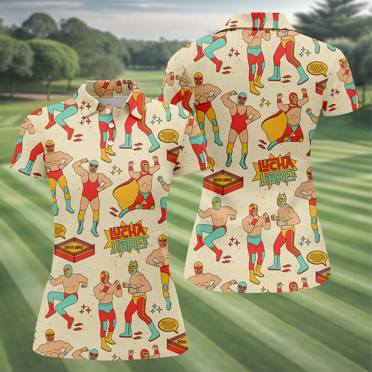 Beige Lucha Libre Mexican Wrestler Pattern Golf Shirt, Women's Golf Tops, Printed Golf Shirt