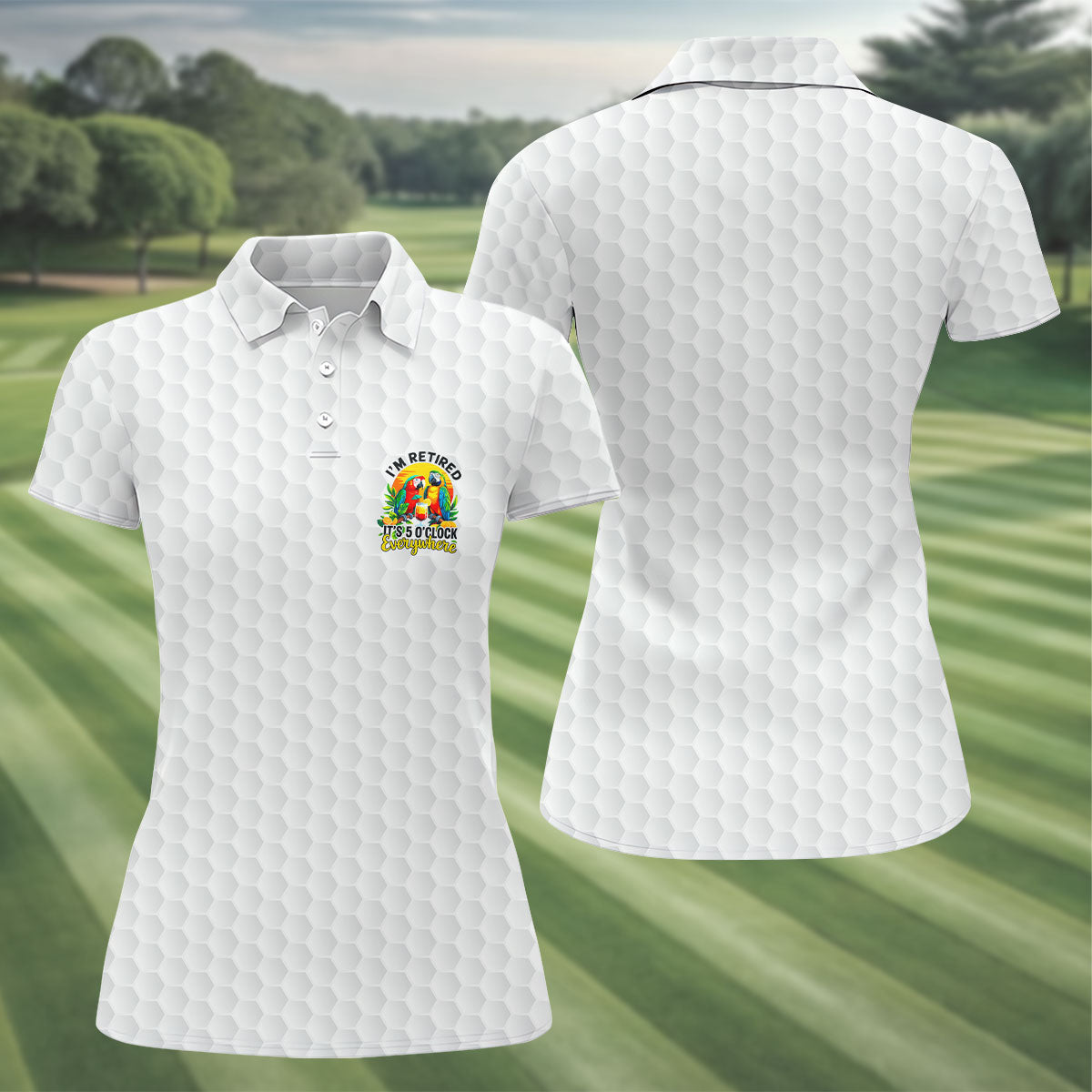 White Tropical Parrot Happy Retirement Golf Polo Shirt, Women's Golf Polo, Performance Golf Shirt