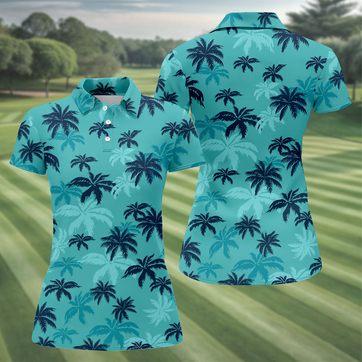 Turquoise Palm Tree Tropical Golf Shirt, Women's Golf Shirt, Golf Polo For Women, Golf Shirts For Women