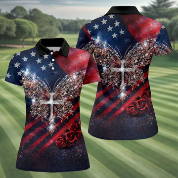 Vintage Faith Rhinestone Butterfly American Flag Golf Shirt, 250 Years Patriotic 4th Of July Golf Shirt For Women
