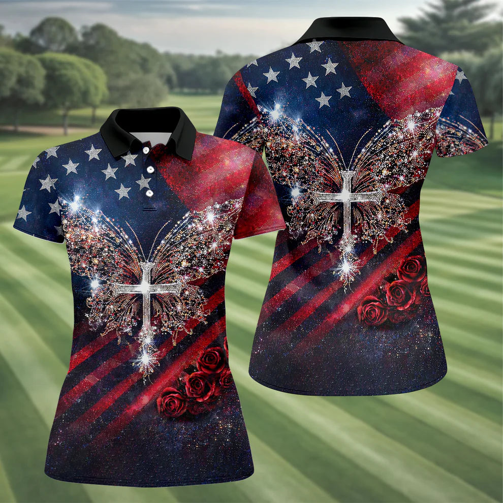 Vintage Faith Rhinestone Butterfly American Flag Golf Shirt, 250 Years Patriotic 4th Of July Golf Shirt For Women