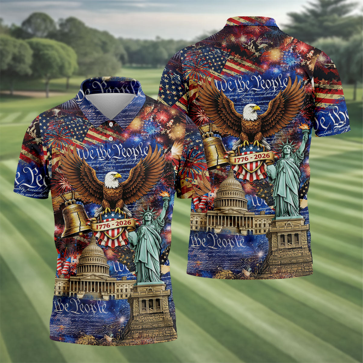 We The People Festive Celebration US Flag Golf Shirt, 250 Years 4th Of July Golf Shirts For Men