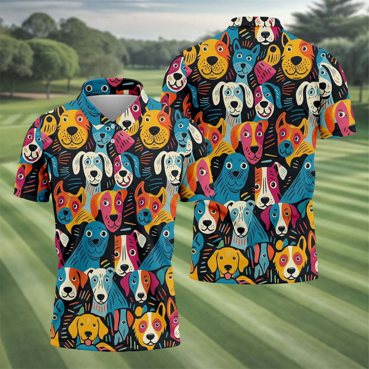 Happy Dog Faces Hawaiian Golf Shirt, Funny Golf Shirt, Abstract Animal Golf Shirts For Men