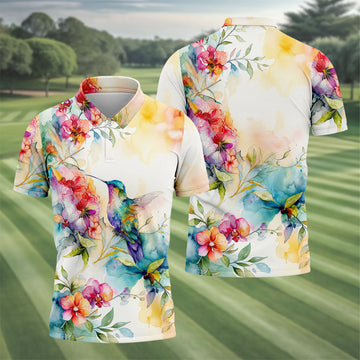Watercolor Hummingbird Floral Polo Shirt, Men's Golf Shirt, Golf Apparel For Men